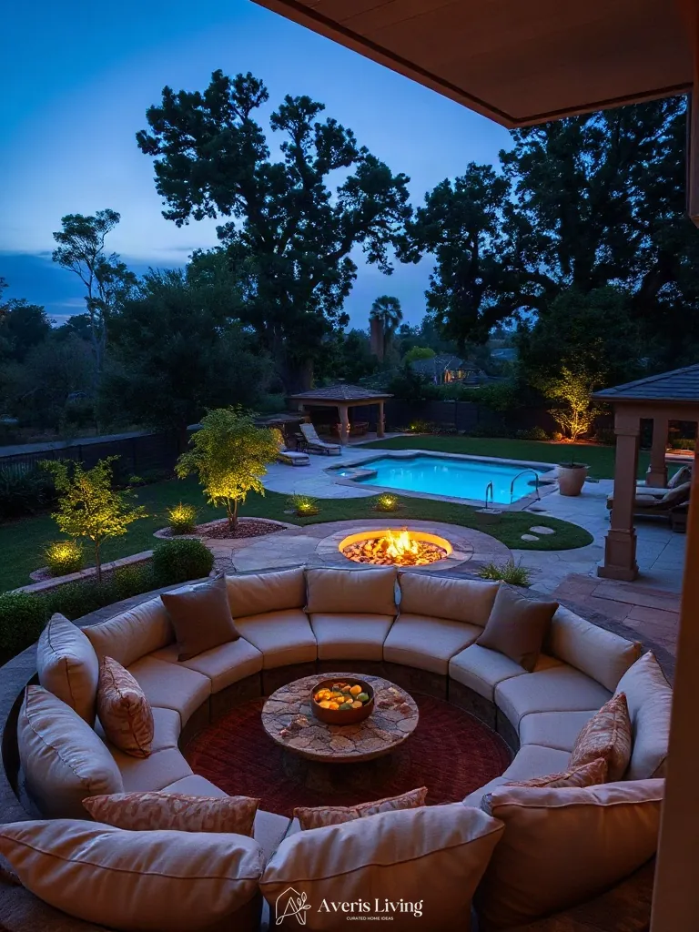Curved built-in stone seating with neutral cushions in boho backyard privacy fence makeover