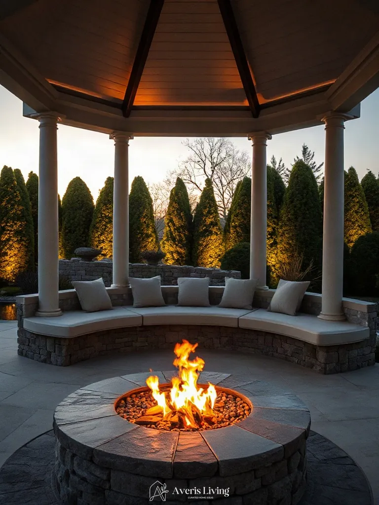 Custom curved stone bench seating and fire pit near a backyard gazebo