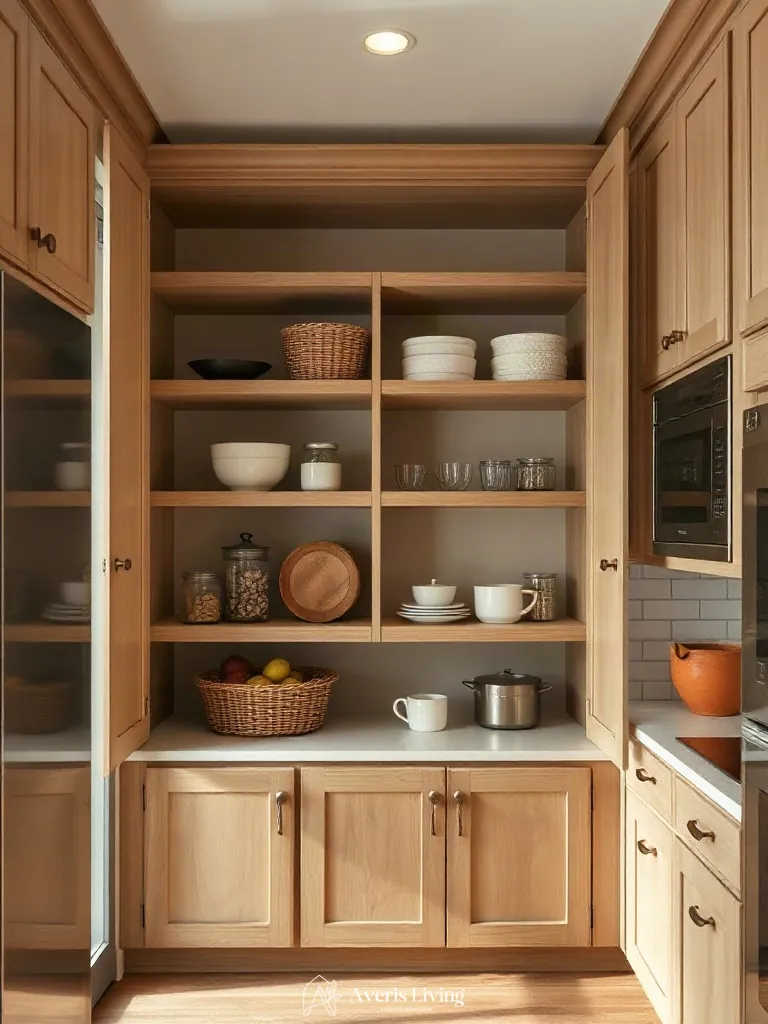 Custom drawer dividers in an open shelving farmhouse kitchen