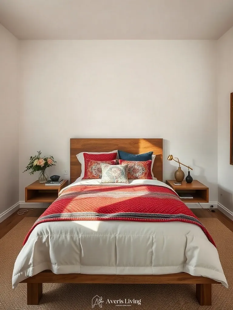 Floating nightstands beside colorful bohemian bedding