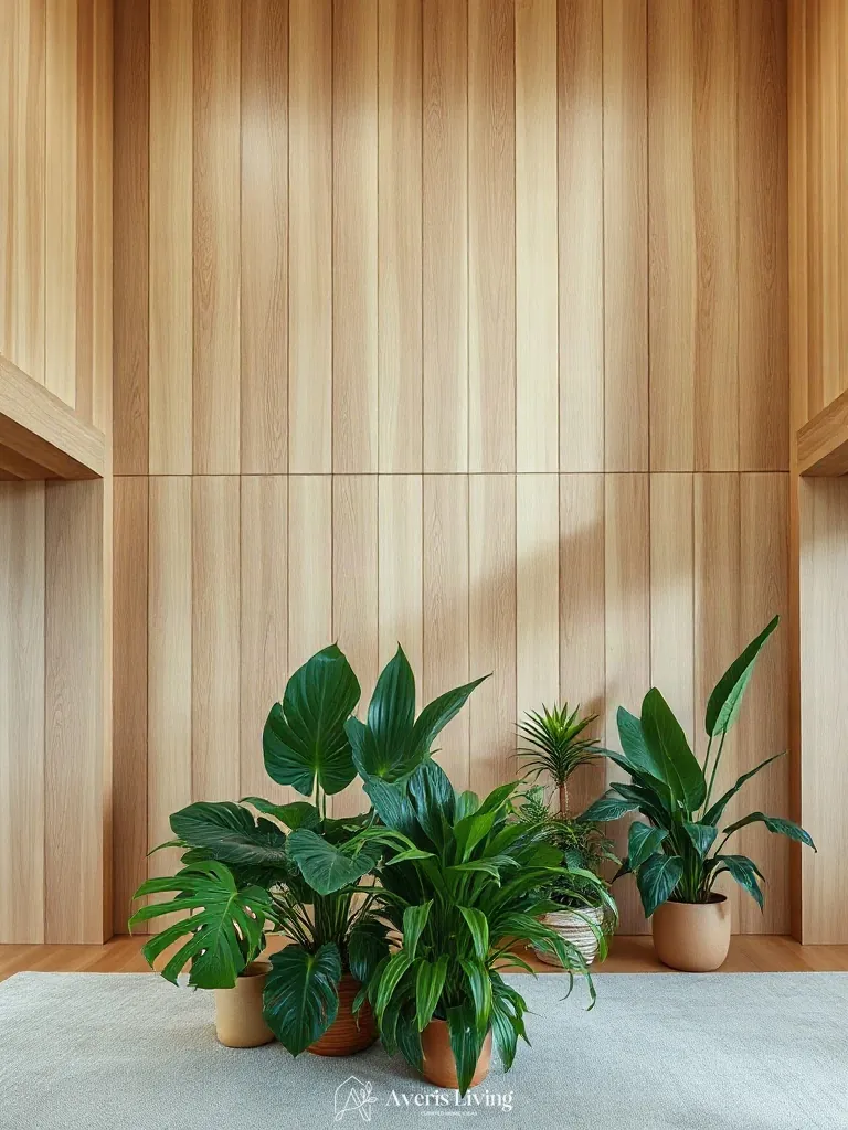 Fluted wood wall paneling framing indoor plants in a boho living room