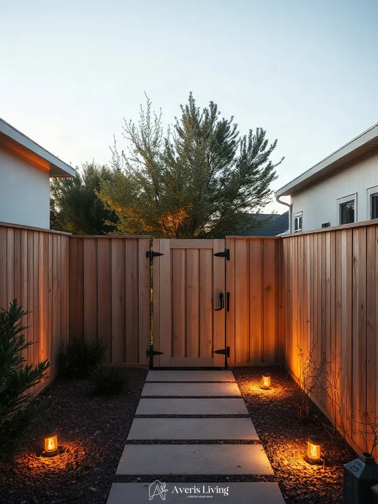 Custom gate architecture in a cozy backyard privacy fence layout