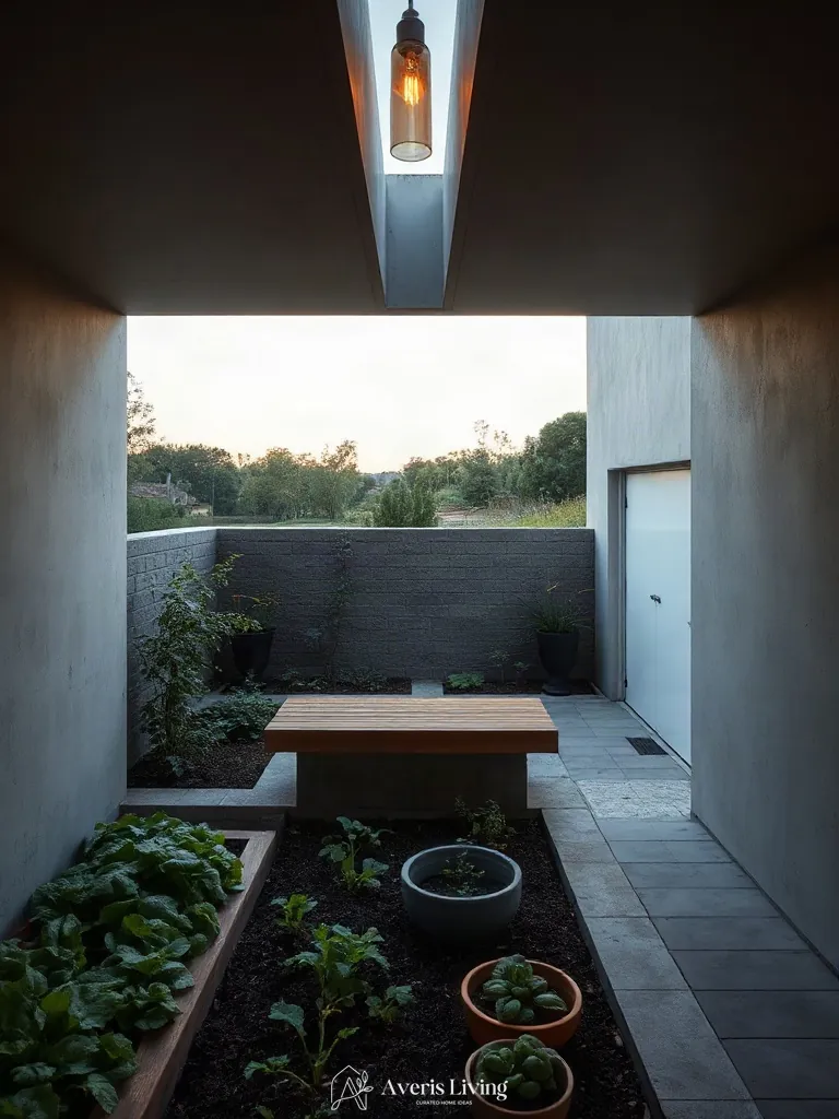 Custom integrated seating bench in a modern no grass backyard vegetable garden layout