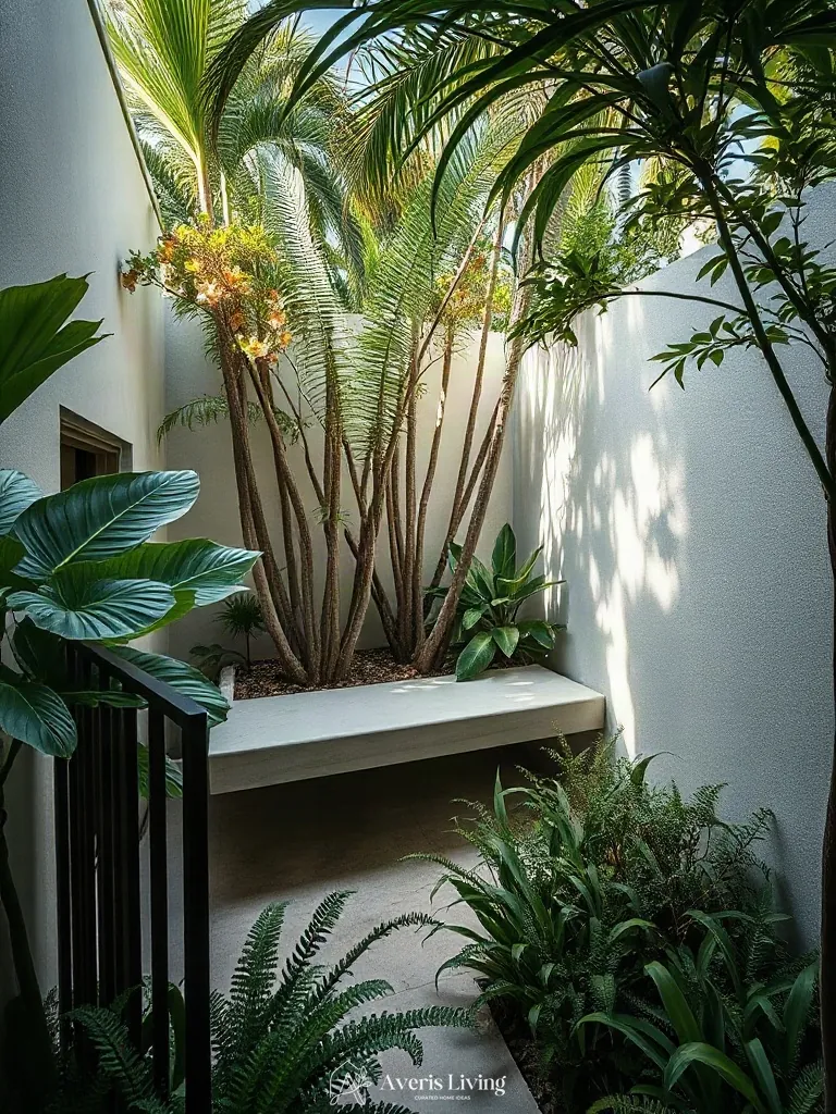 Custom seating in tropical backyard flower bed design inspiration