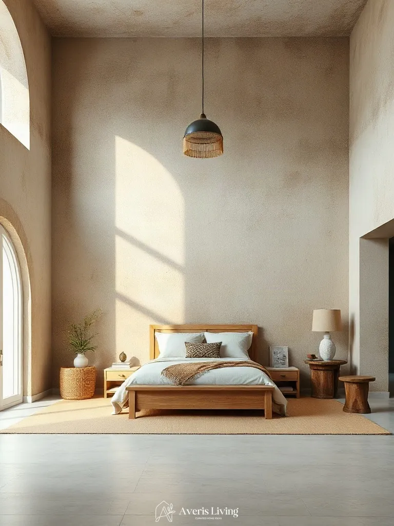 Lime-washed wall architecture in an earthy boho bedroom aesthetic