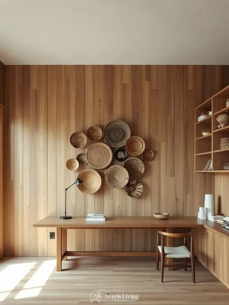 White oak wall paneling framing a modern woven basket wall display.