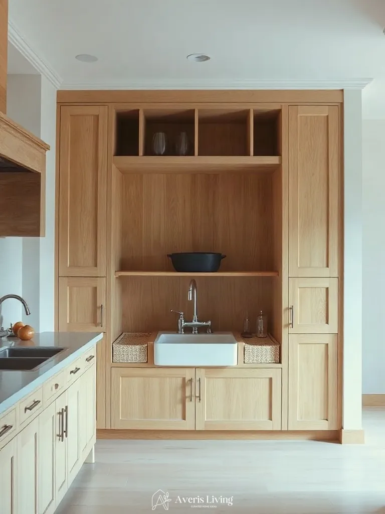 Custom millwork cabinetry framing under sink storage solutions kitchen.