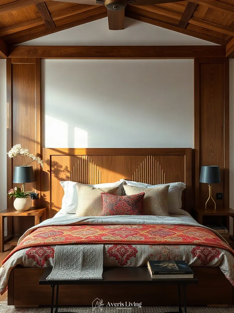 Custom millwork headboard framing colorful bohemian bedding