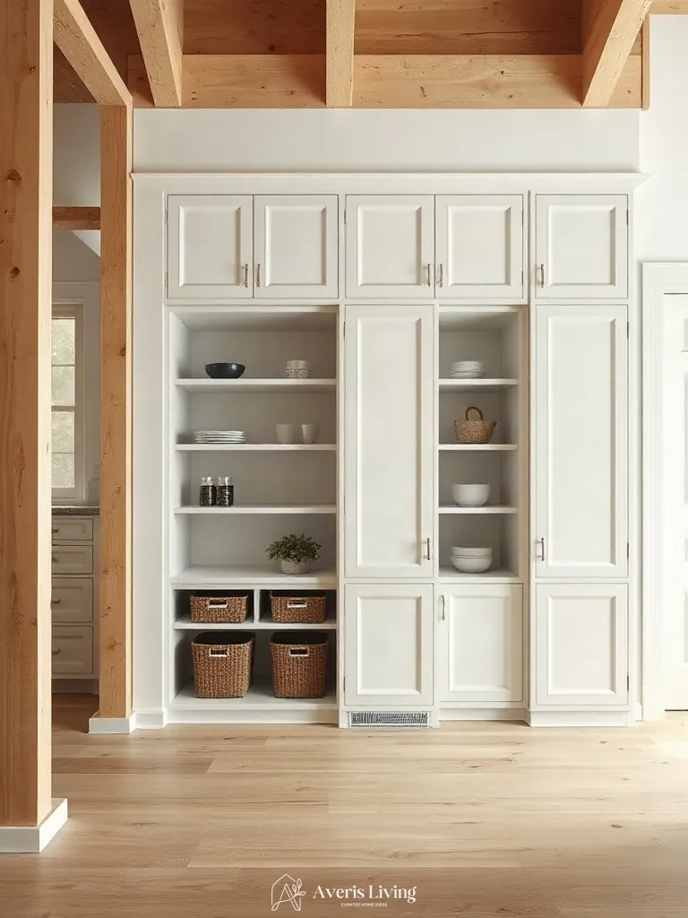 Custom millwork housing bespoke pantry organization bins and labels.
