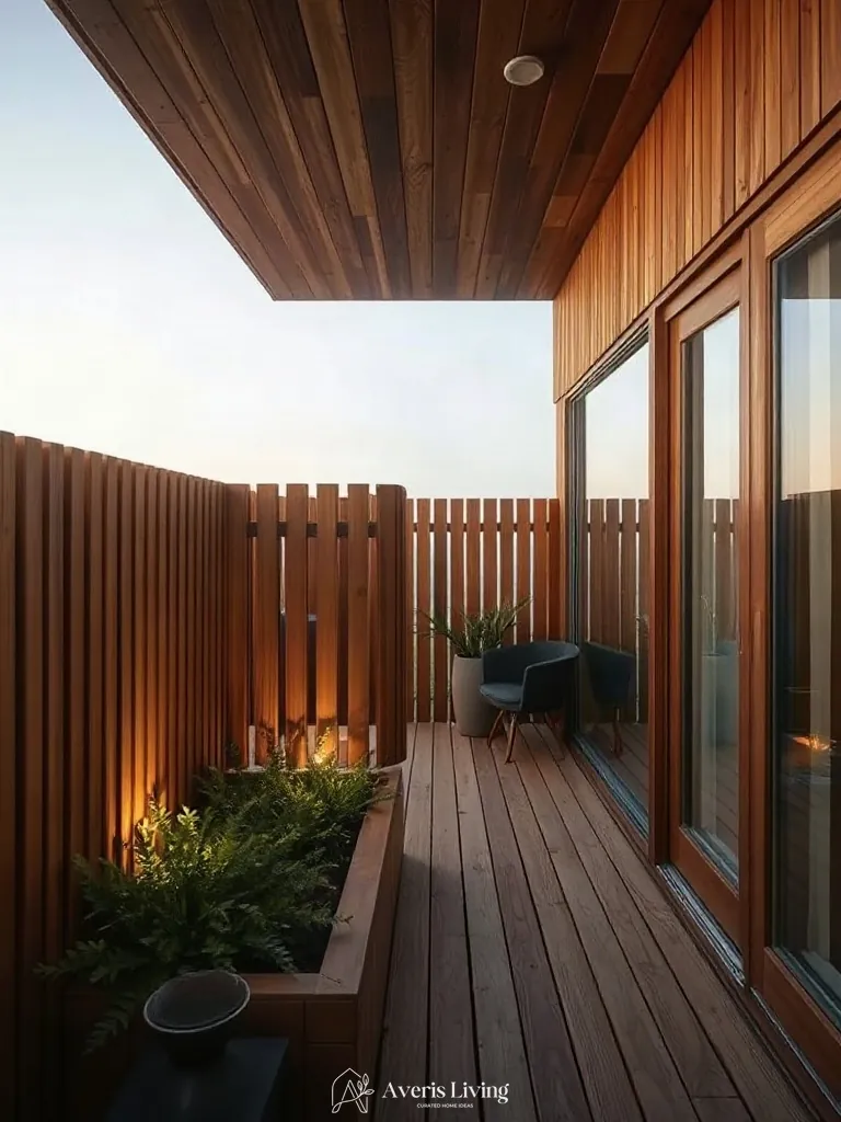 Custom cedar timber decking and privacy screens for bohemian balcony decor.