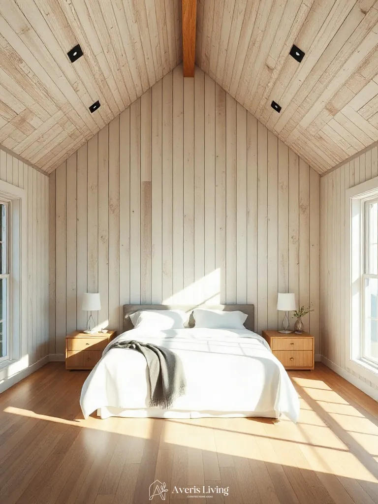 Custom vertical wall paneling in a farmhouse master bedroom aesthetic