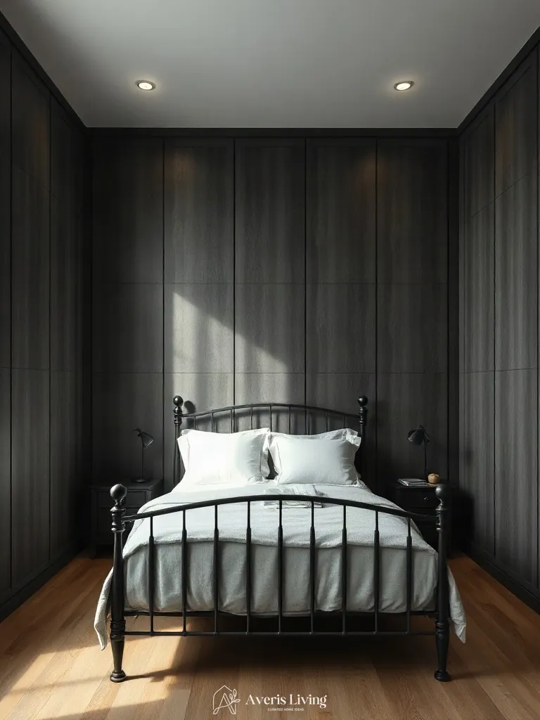 Custom wall paneling acting as a backdrop for iron bed frame styling