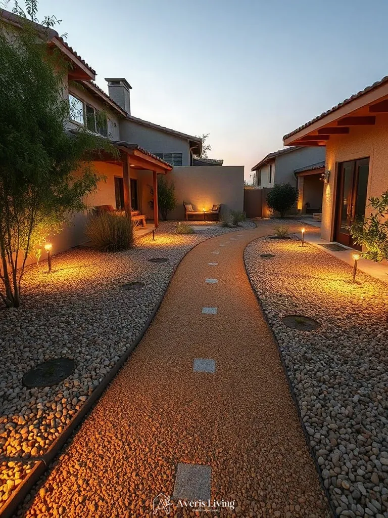 Decomposed granite pathway in a low maintenance backyard landscaping scheme.