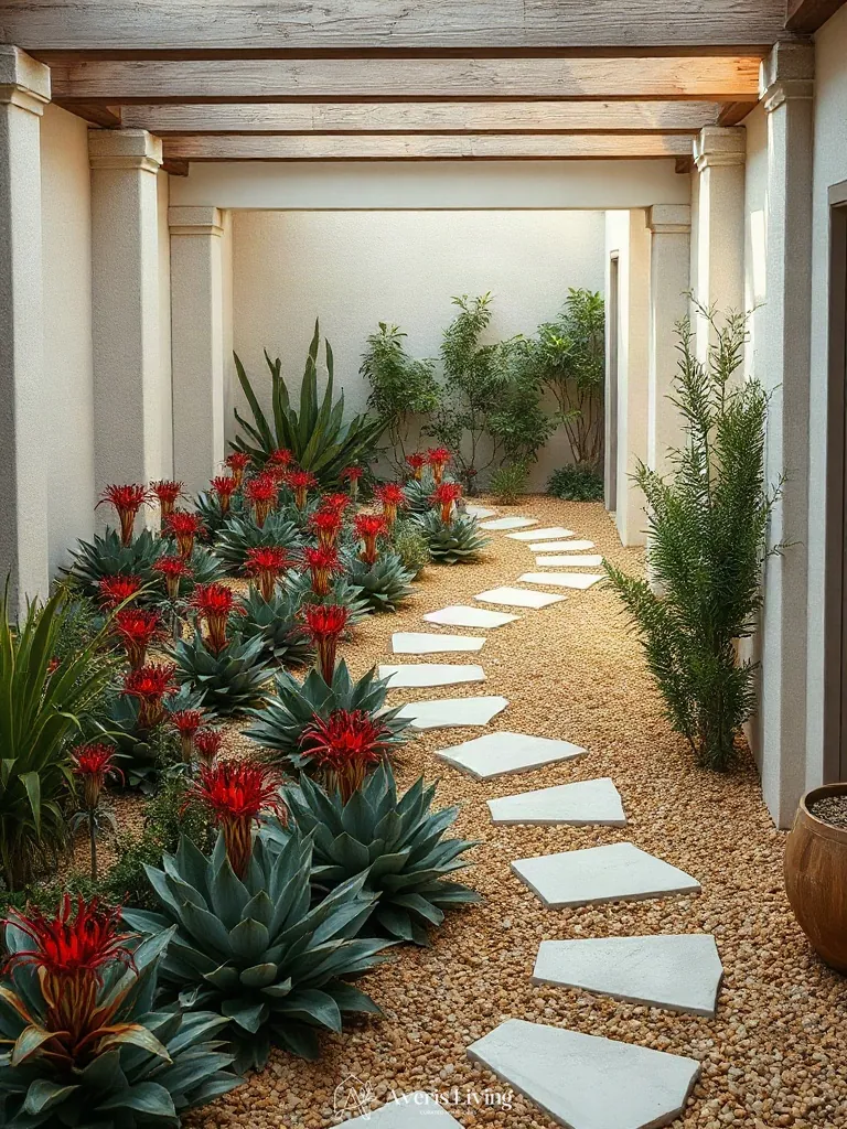 Decomposed granite path in tropical backyard flower bed design inspiration