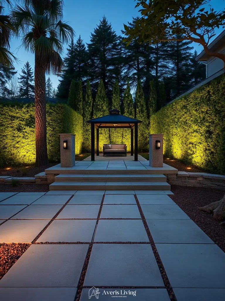 Sophisticated boundary hardscaping paired with a backyard gazebo