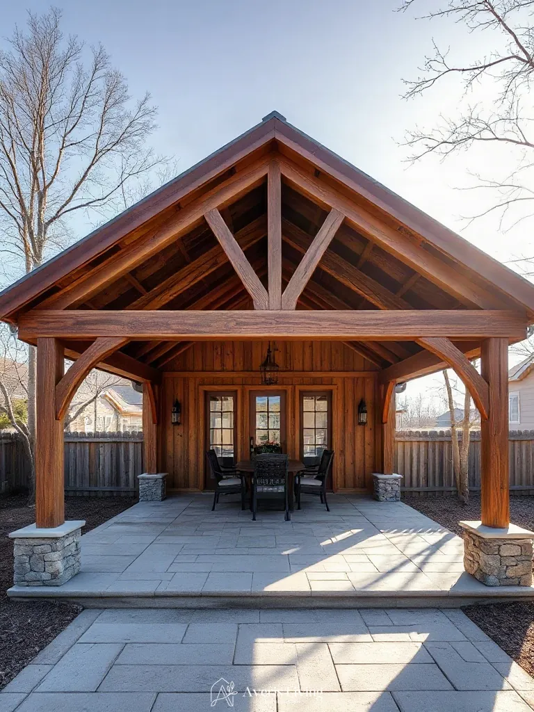 Structural timber framing defining boundaries around a backyard gazebo