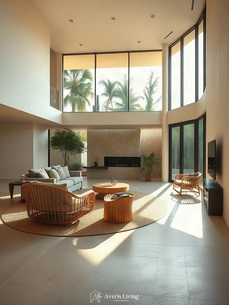 Wide circulation pathways framing rattan furniture living room styling in a modern home