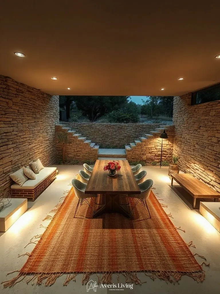 Outdoor dining zone anchored by an outdoor rug boho style
