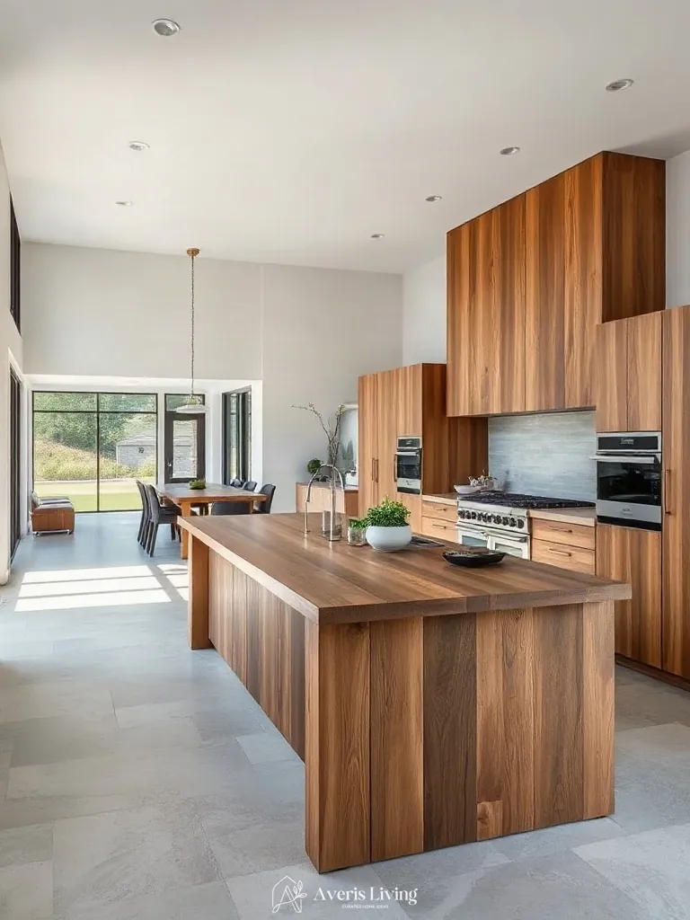 Kitchen zoning architecture defined by a heavy timber rustic wood kitchen island.