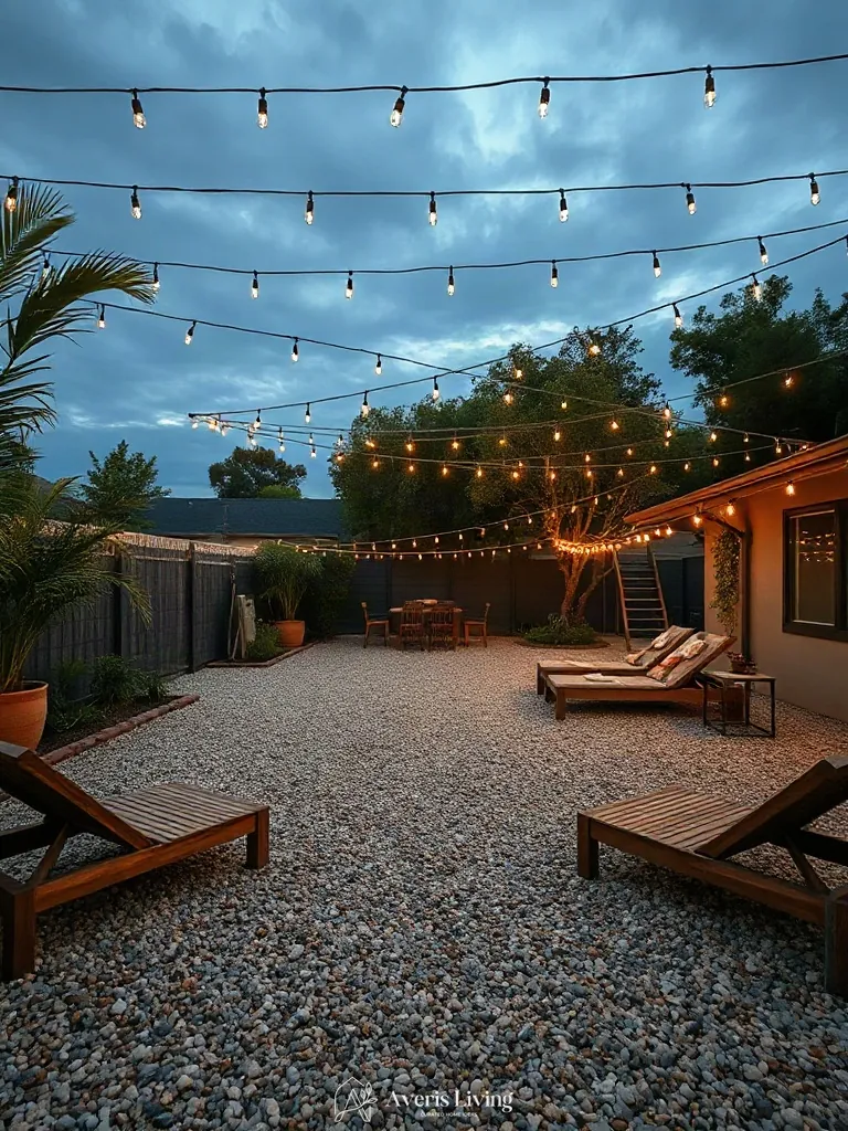 Open-air patio room defined by an aesthetic string light canopy