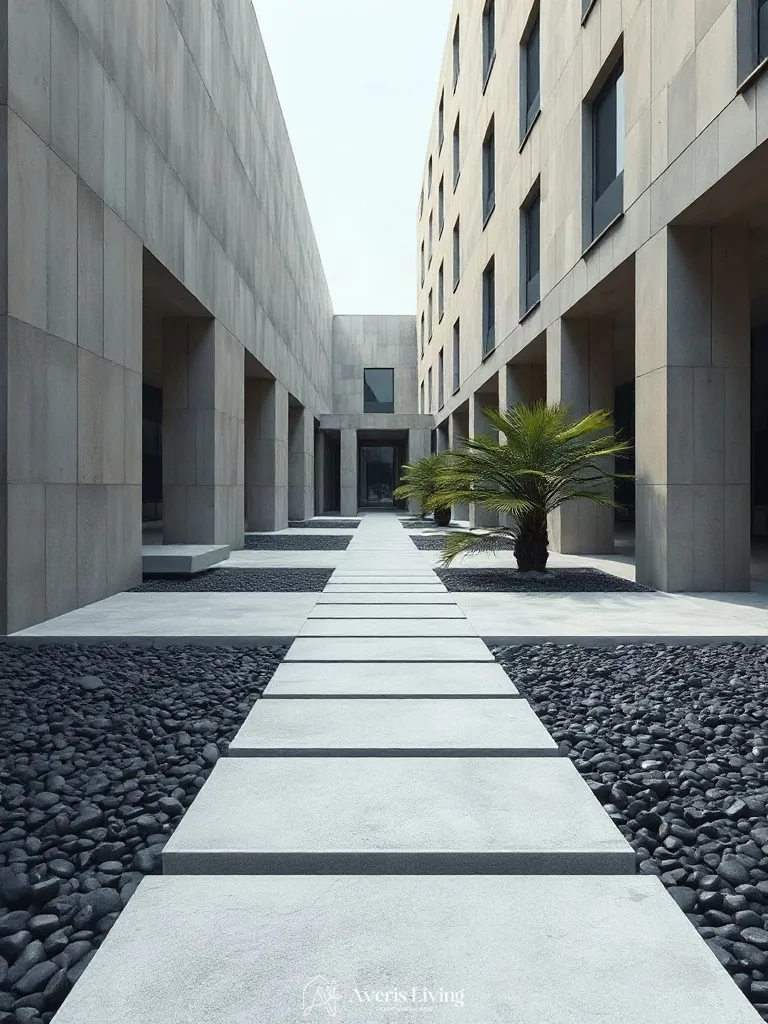 Monolithic concrete stepping stones aligned with courtyard boundaries