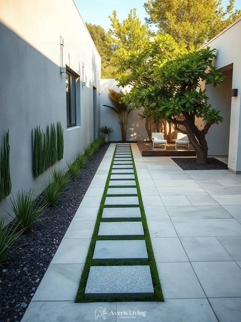 Modern stepping stones tracing the boundary perimeter of a backyard courtyard
