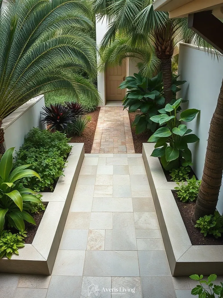 Custom stone coping on raised beds in a tropical backyard herb garden before and after