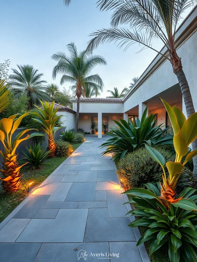 Traffic circulation through tropical backyard flower bed design inspiration