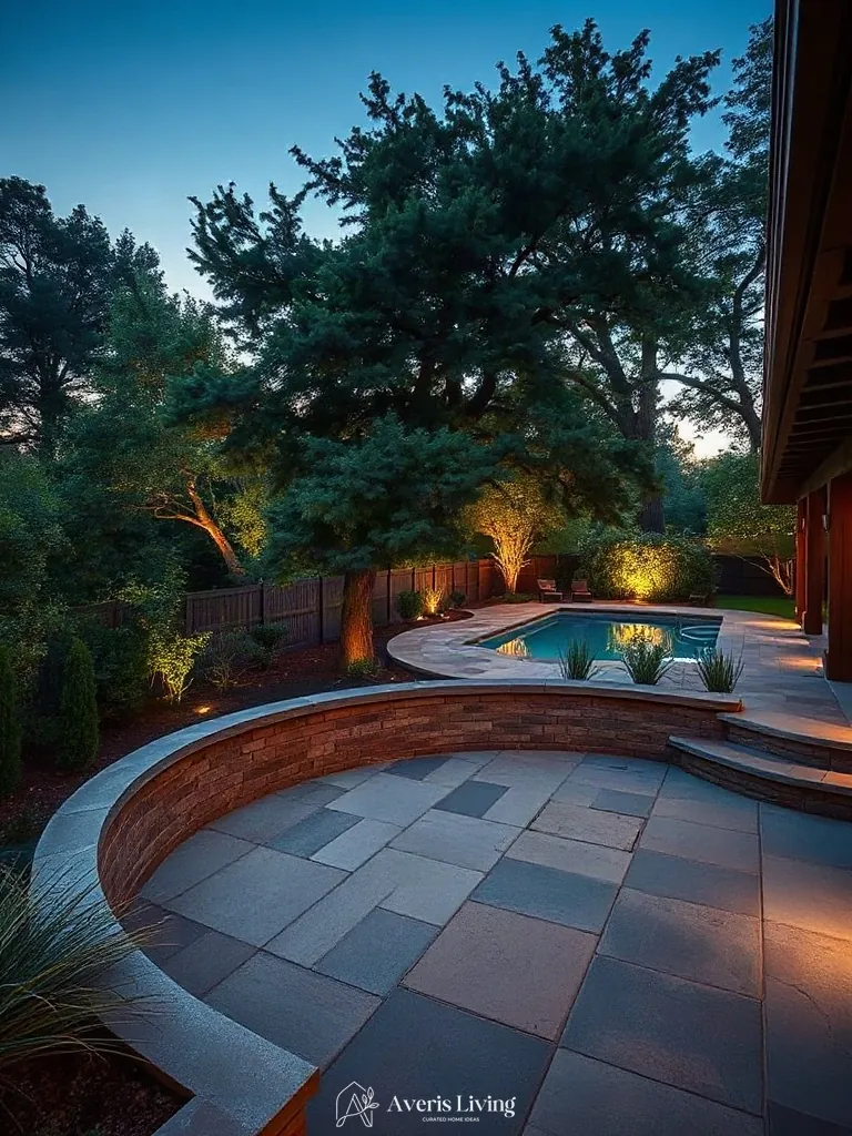 Dense mature tree canopy and perimeter swimming pool setting