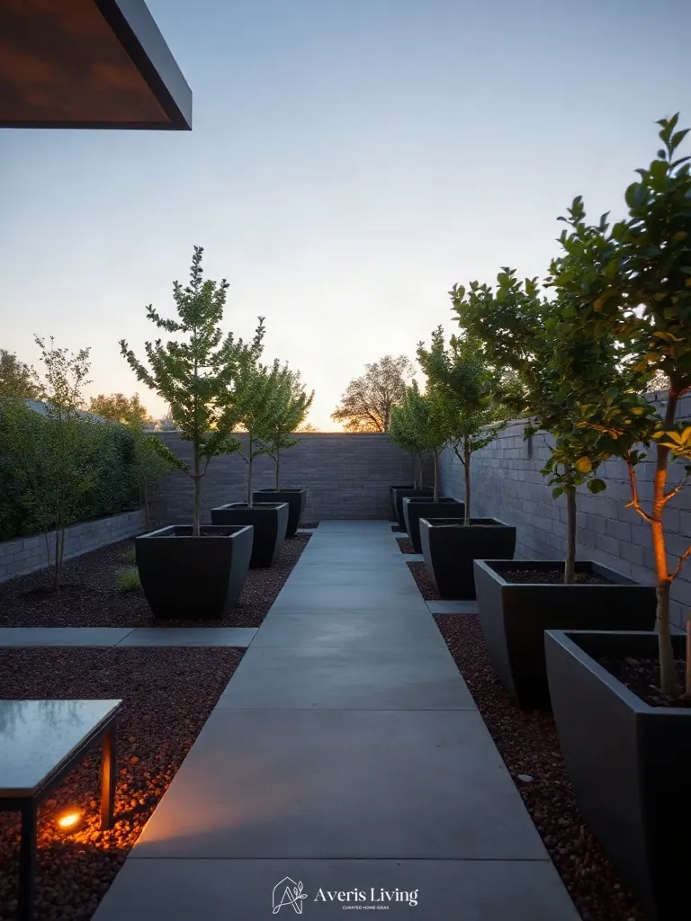 Designer planters in a contemporary no grass backyard vegetable garden layout