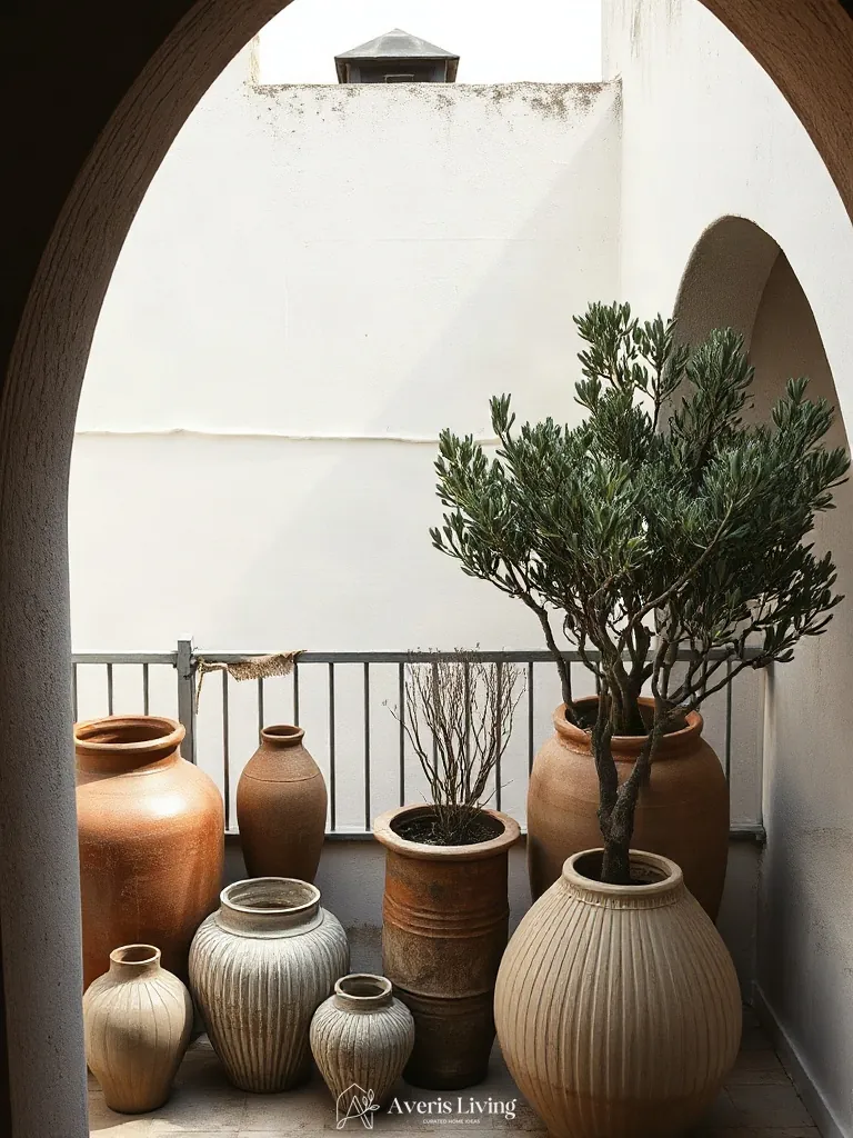 Designer planters and ceramic vessels in a bohemian balcony decor layout.