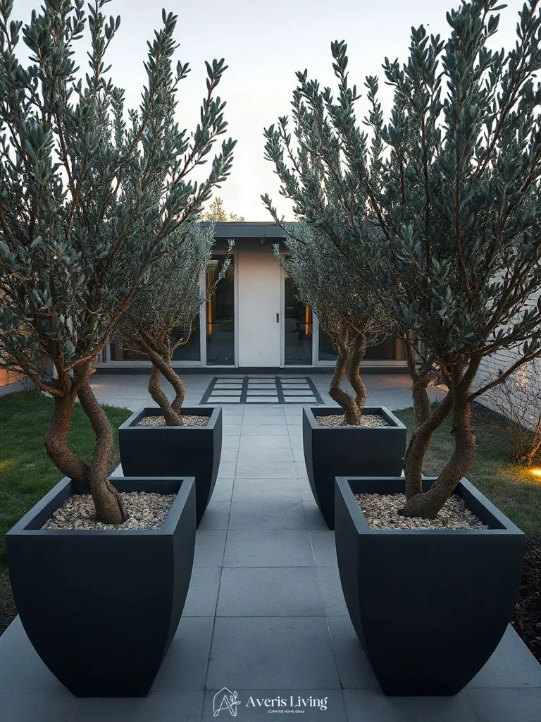 Designer planters on a terrace in low maintenance backyard landscaping.
