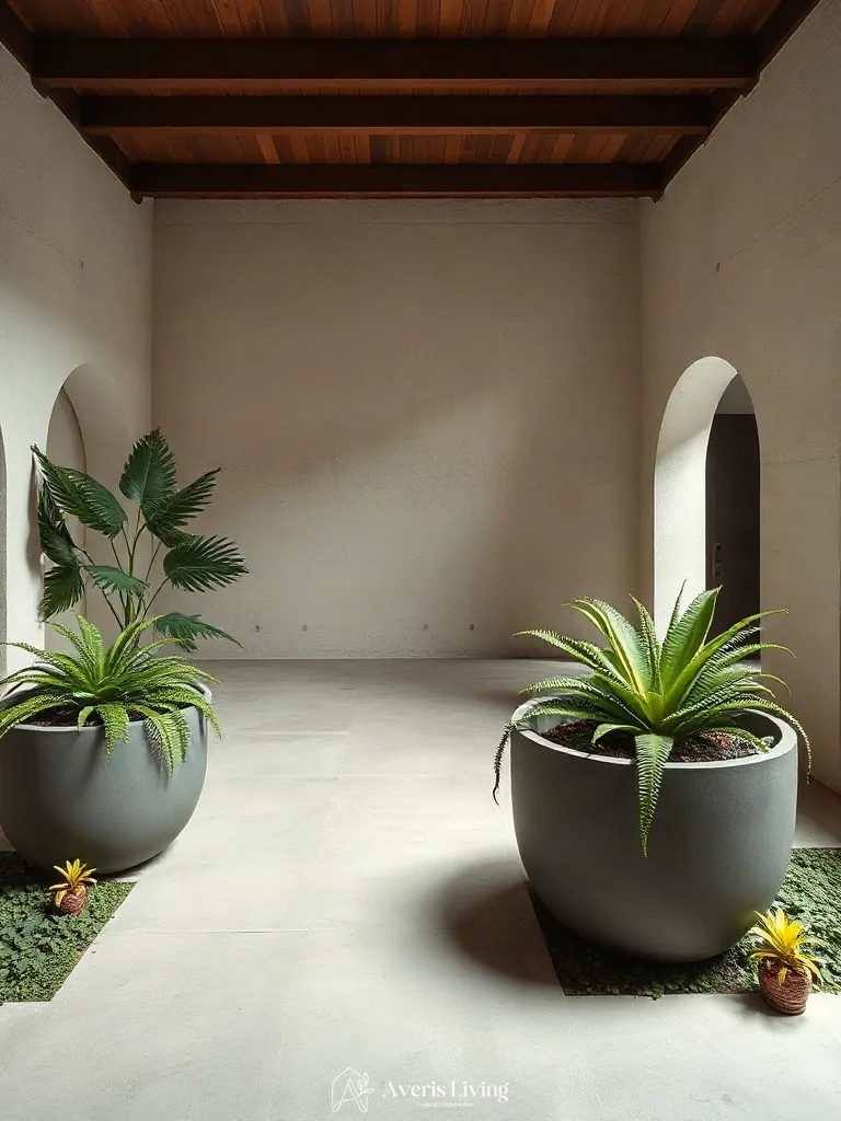 Designer planters in tropical backyard flower bed design inspiration