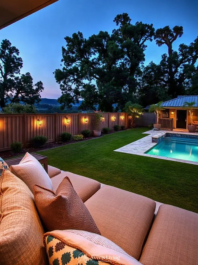 Designer throw pillows and linen upholstery in boho backyard privacy fence makeover
