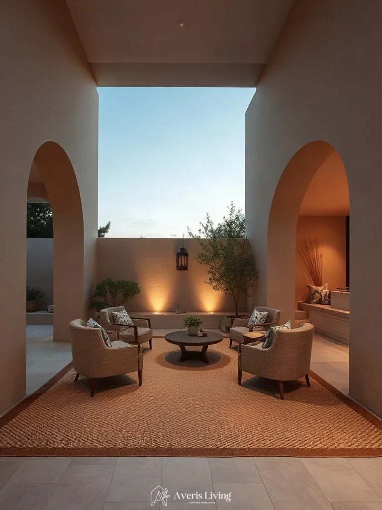 Ergonomic gathering area featuring an outdoor rug boho style