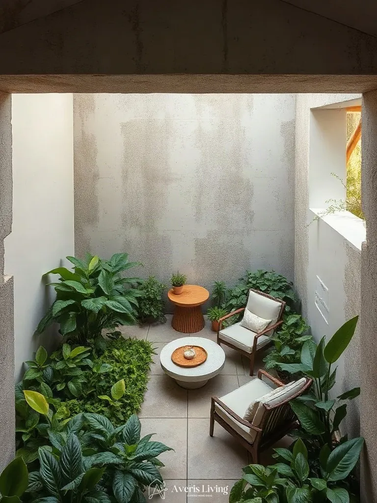 Ergonomic gathering niche in a tropical backyard herb garden before and after
