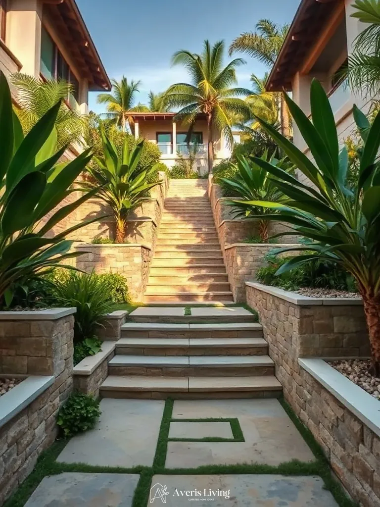 Terraced tropical backyard with integrated steps and retaining walls