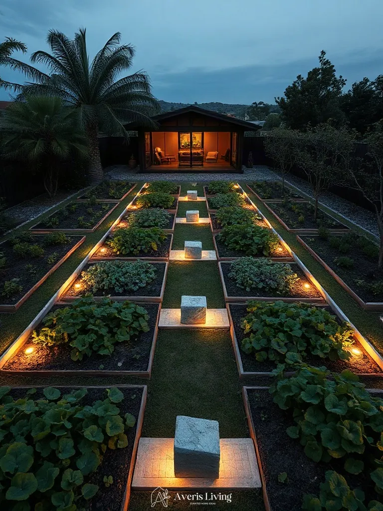 Geometric circulation paths winding through a structured no grass backyard vegetable garden layout