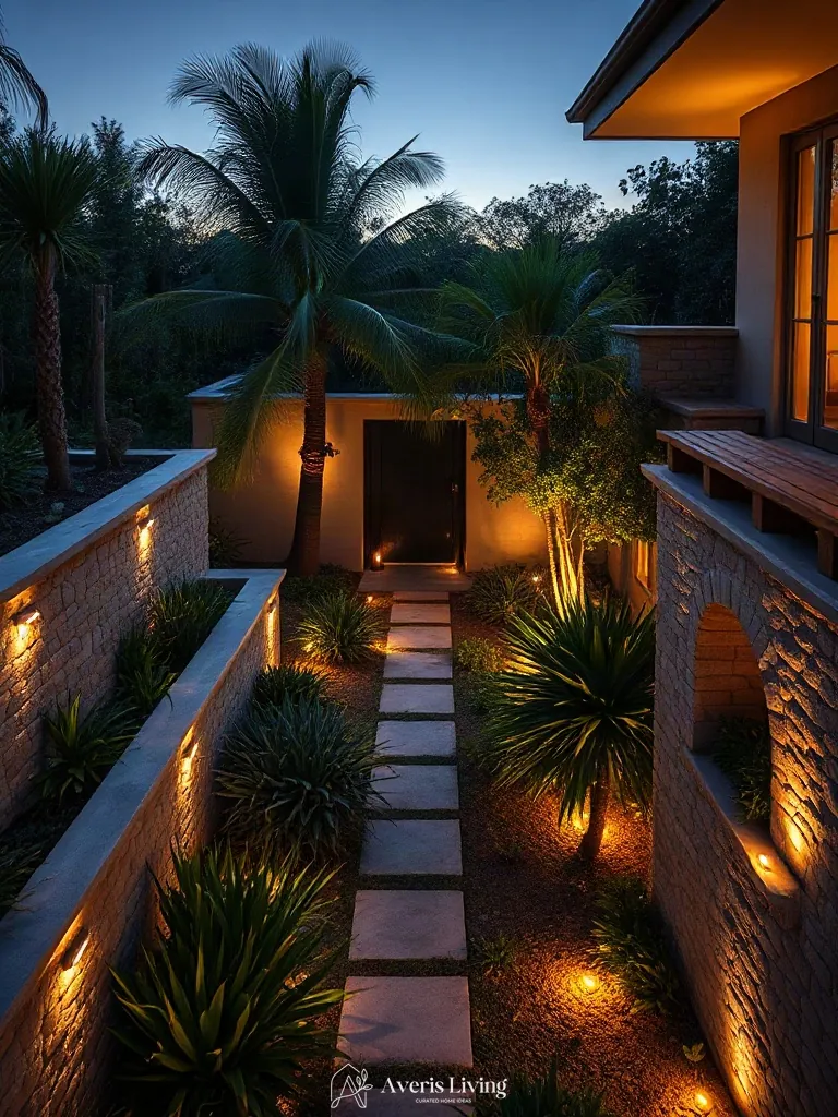 Warm 2700K lighting in a tropical backyard herb garden before and after at twilight