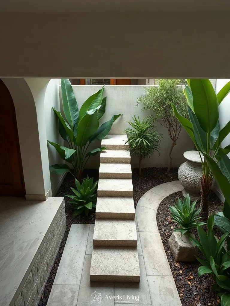 Multi-level elevation steps in a tropical backyard herb garden before and after