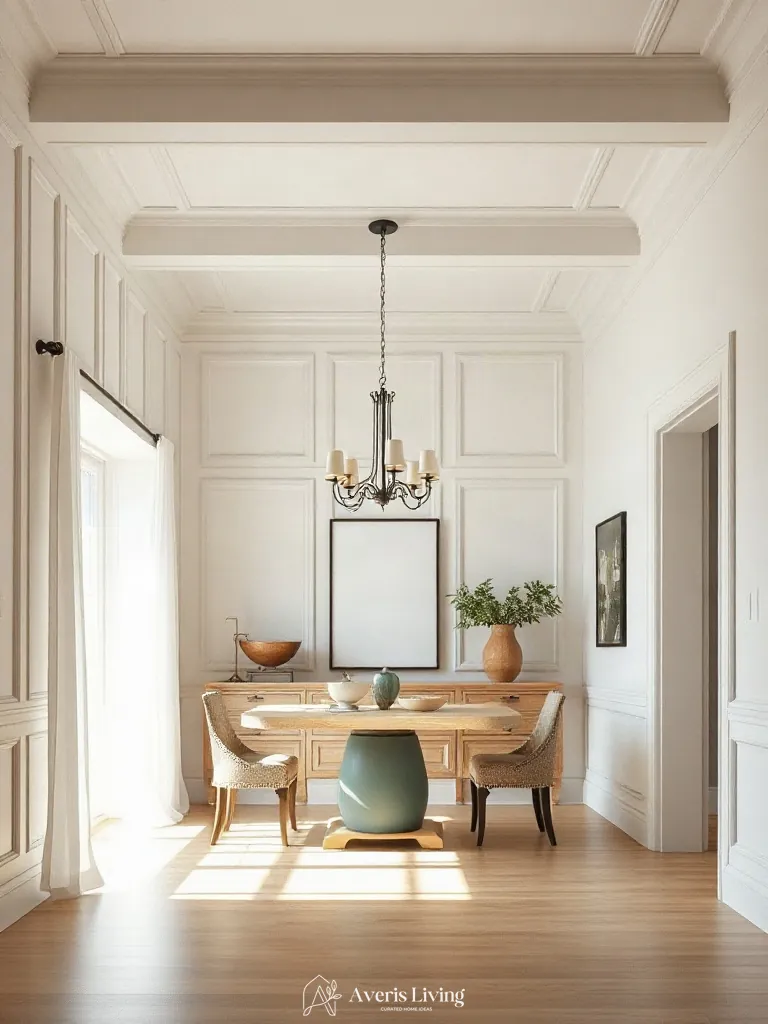 Vertical wall paneling in an affordable dining room for small spaces