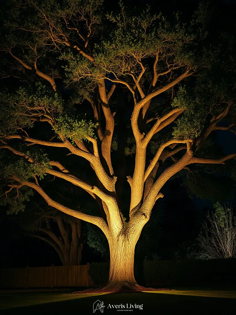 Canopy spotlighting highlighting mature trees in an exterior landscape