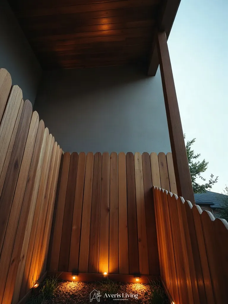 Recessed base uplights in a cozy backyard privacy fence layout