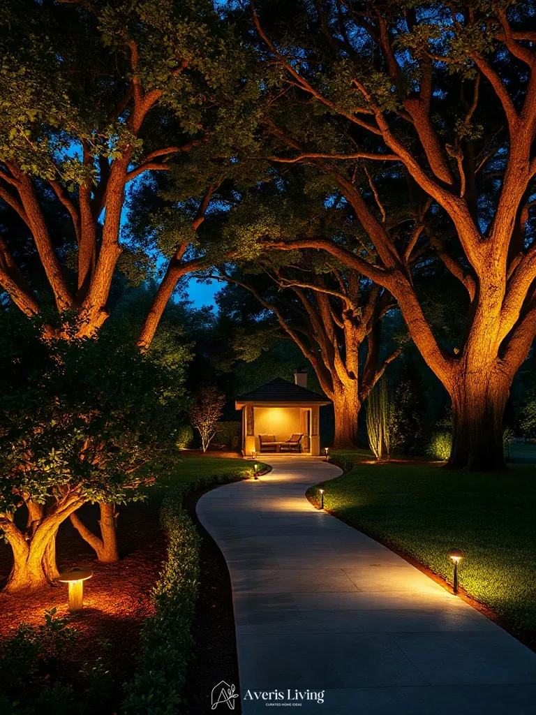 Dramatic tree uplighting and path lighting around a backyard gazebo