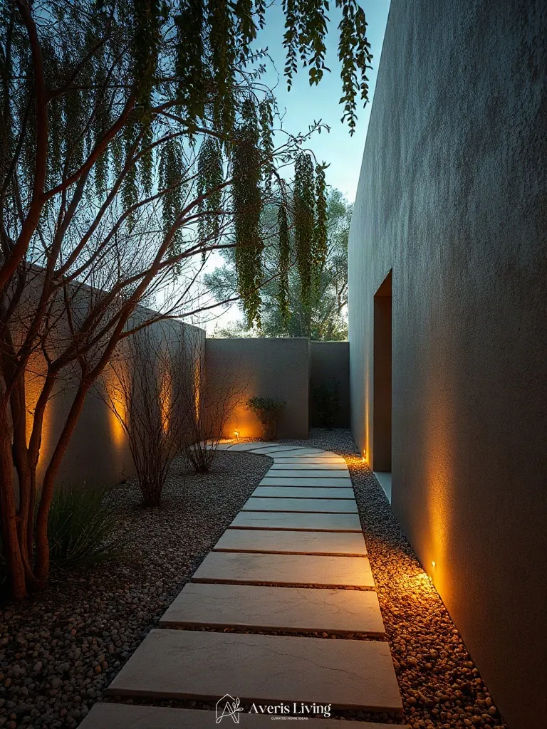 Dramatic twilight ambiance and illuminated stone textures on a garden path