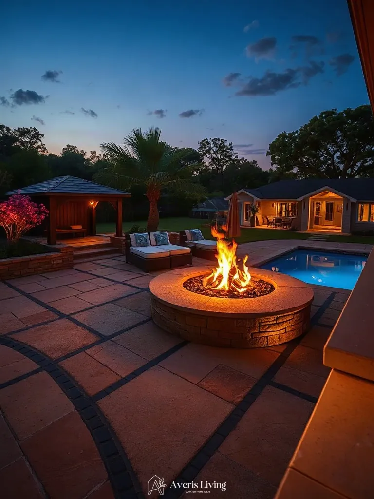 Dramatic twilight ambiance and fire pit glow for a luxury backyard shed before and after