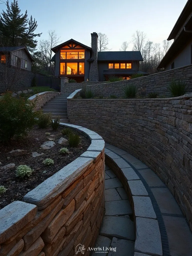 Dramatic twilight ambiance highlighting stone textures in retaining walls