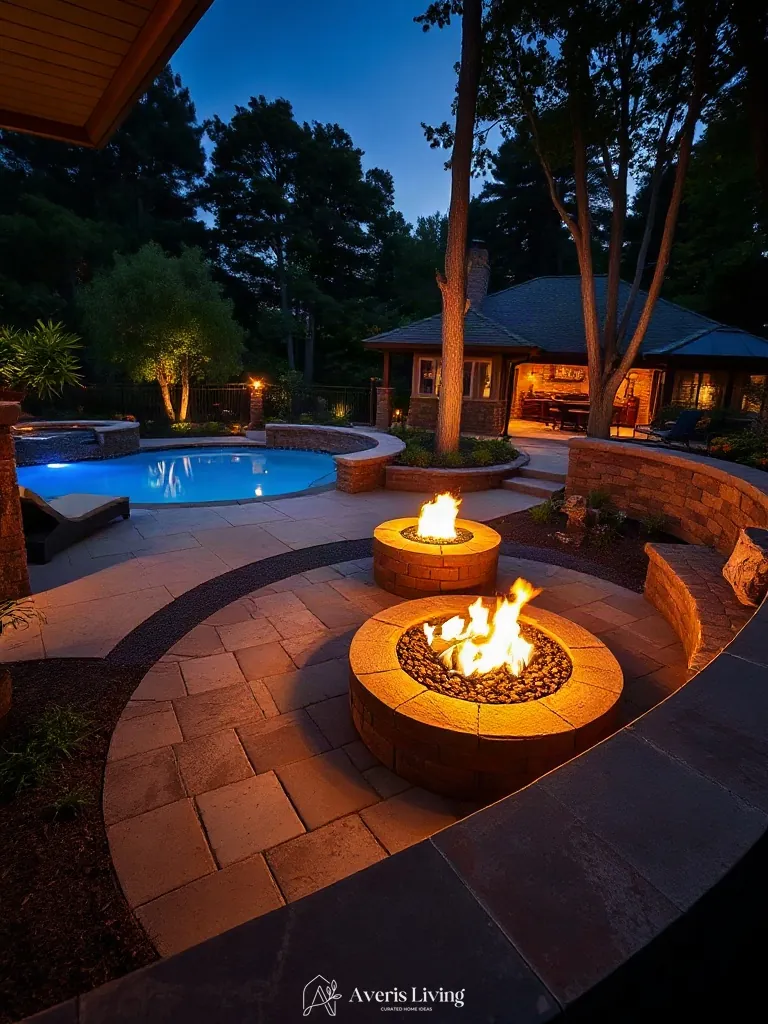 Dramatic twilight ambiance with glowing fire pit flames illuminating pavers