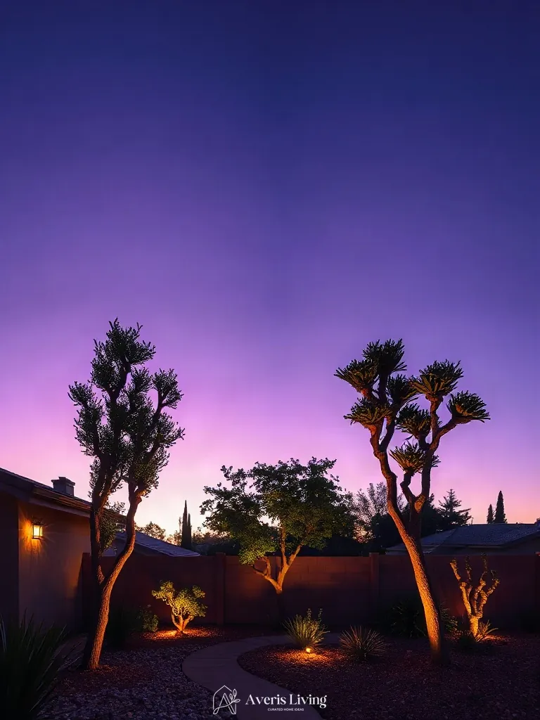 Twilight sky contrast and architectural lighting in low maintenance backyard landscaping.