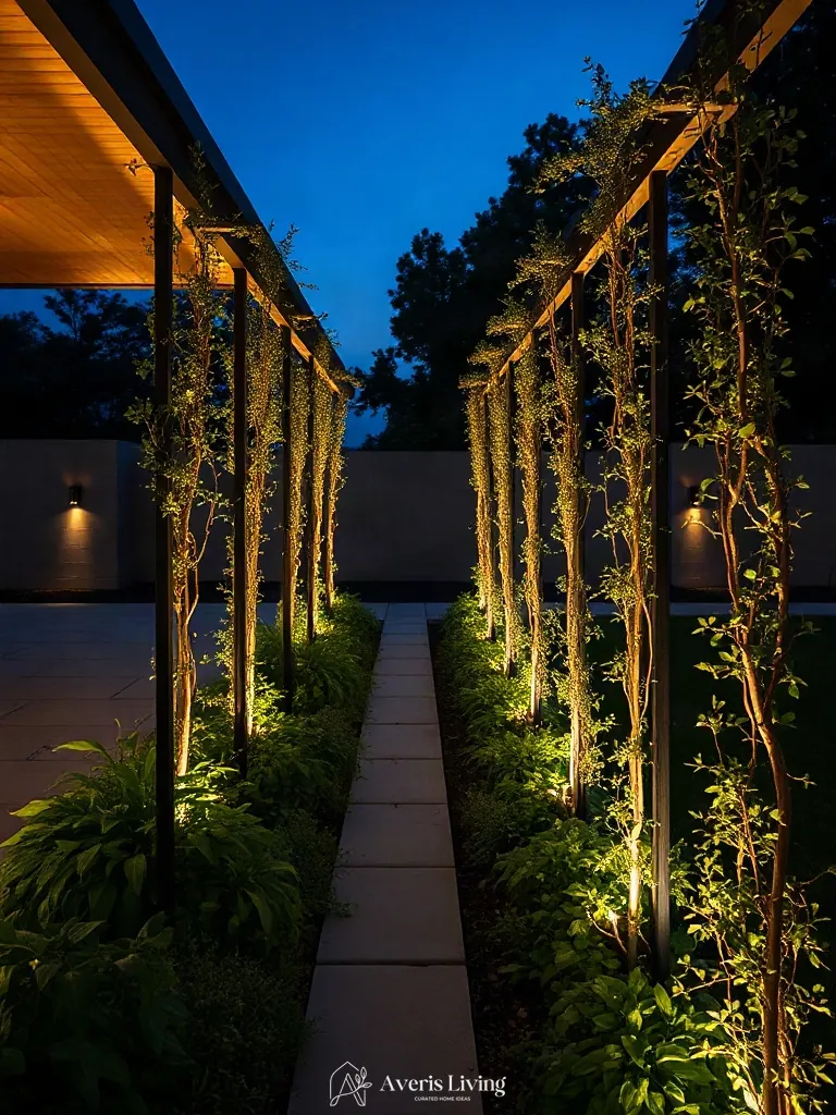 Dramatic trellis up-lighting in a contemporary no grass backyard vegetable garden layout